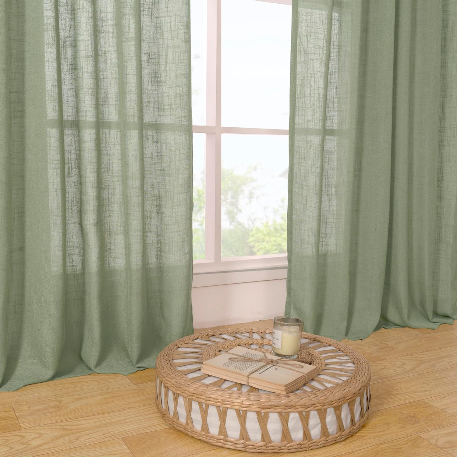 Light filtering Neutral Linen Curtain - Sage Green