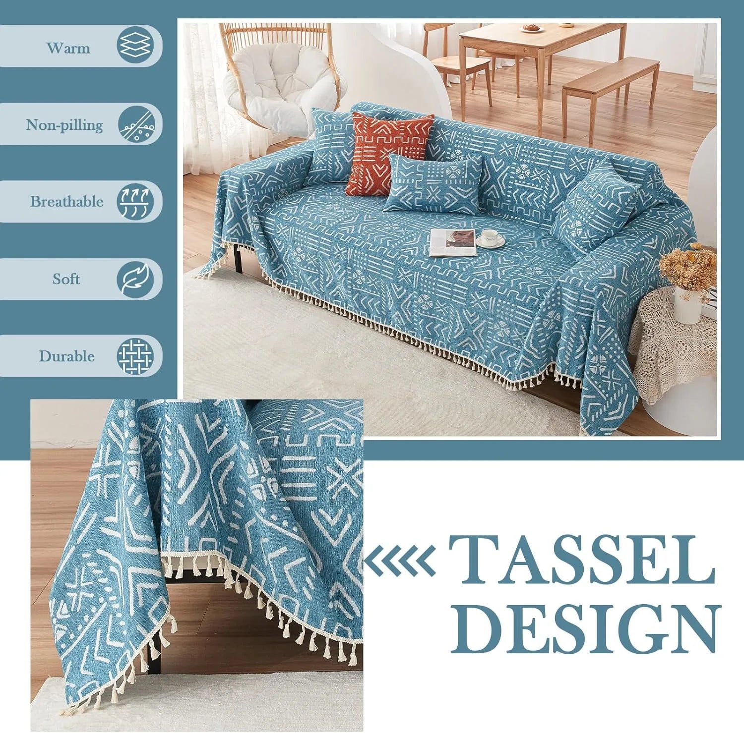 BOHO Couch Cover In Brick Blue