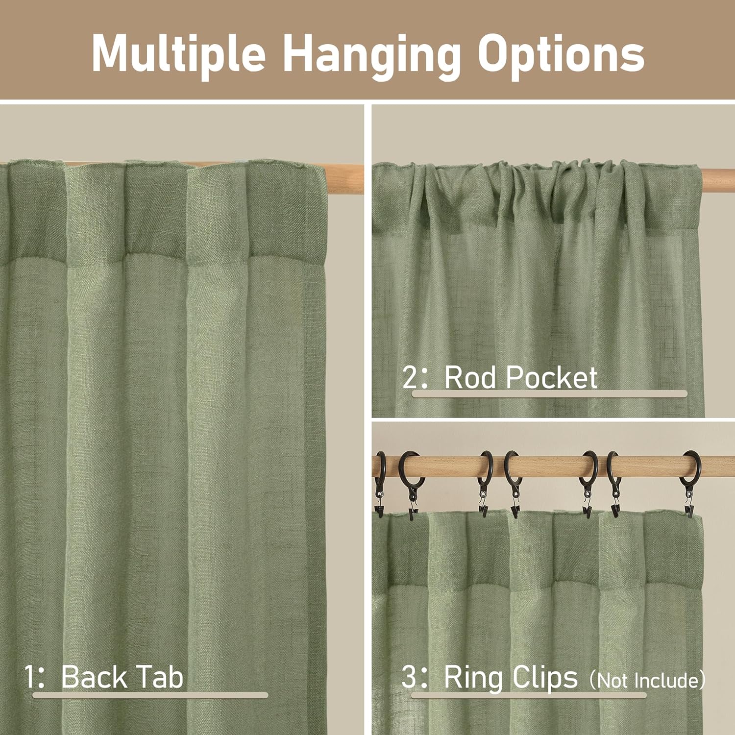 Light filtering Neutral Linen Curtain - Sage Green