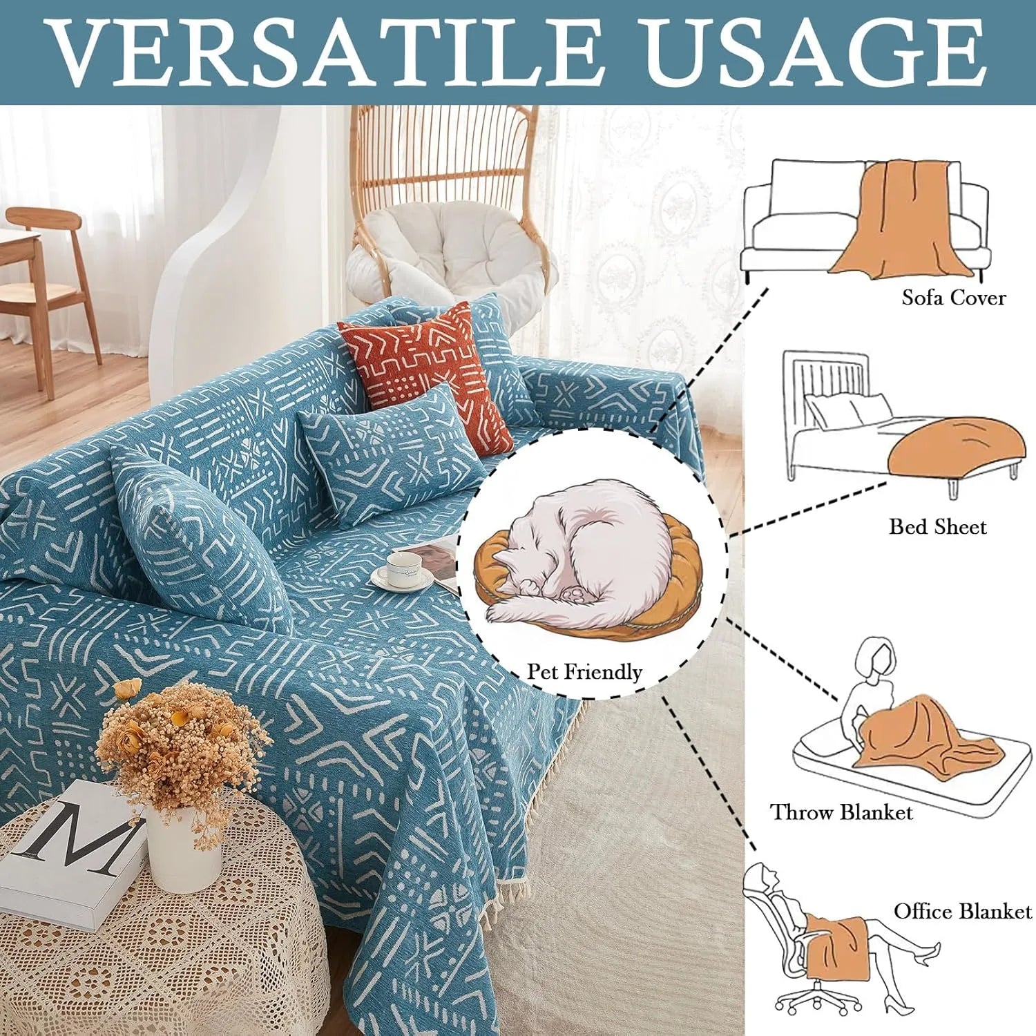 BOHO Couch Cover In Brick Blue