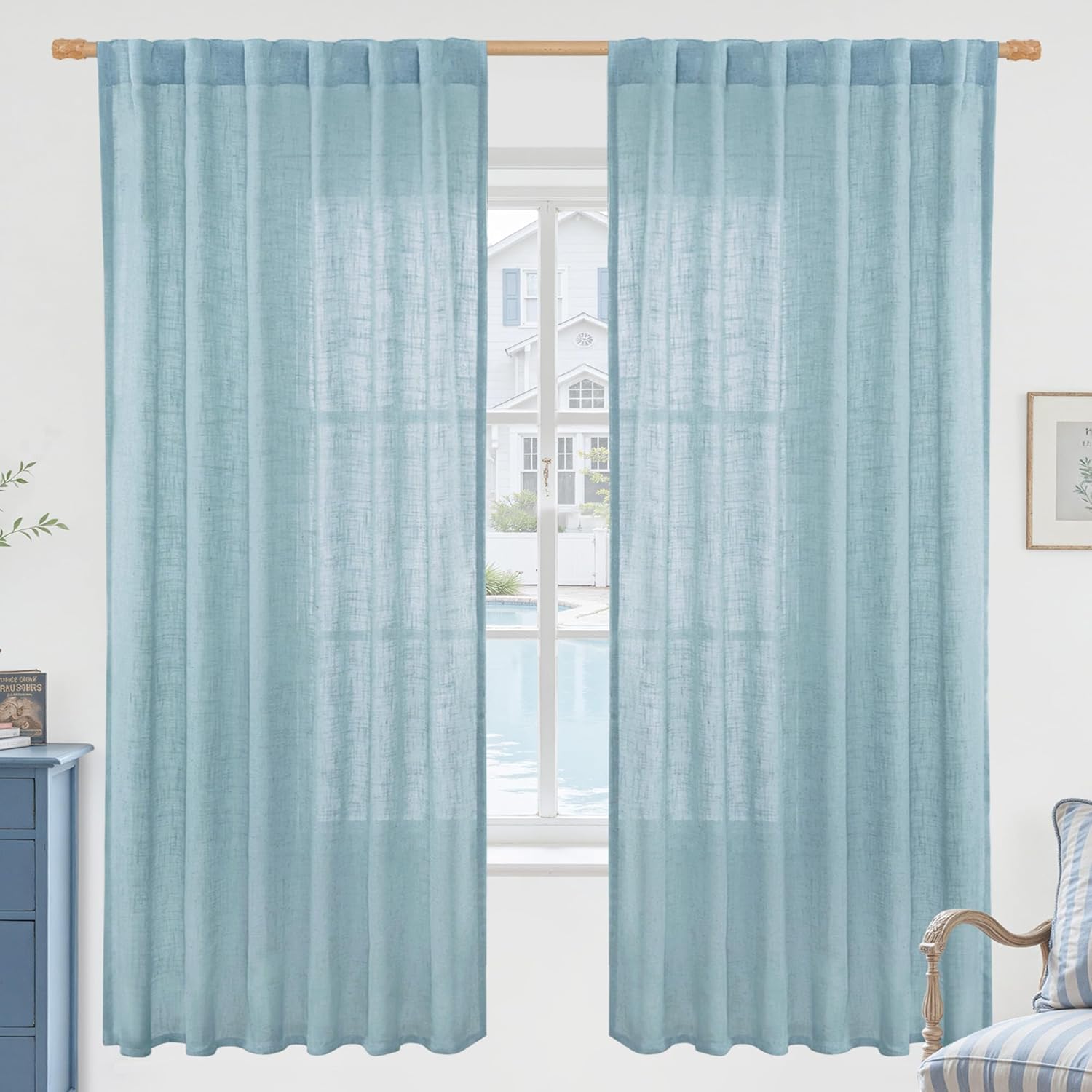 Light filtering Neutral Linen Curtain - Stone Blue