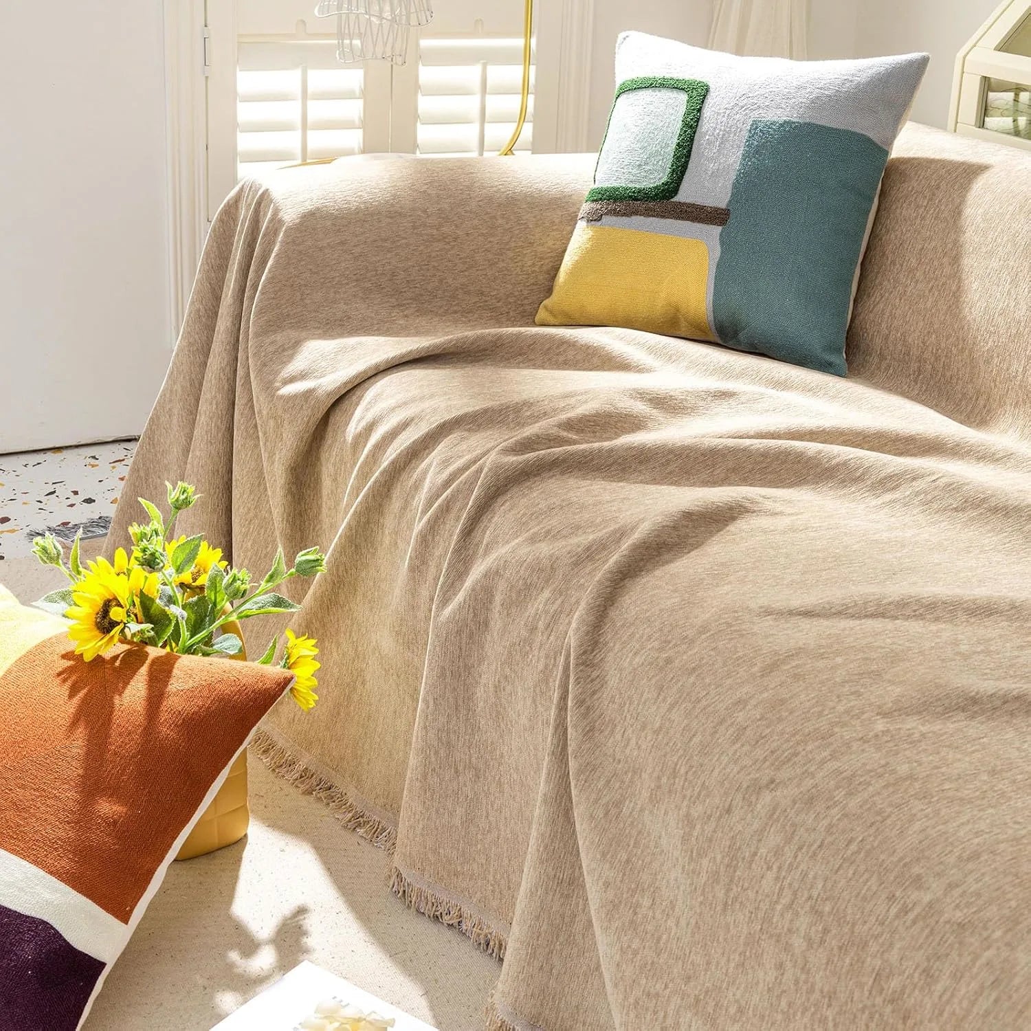 Soild Couch Cover In Tassel Khaki