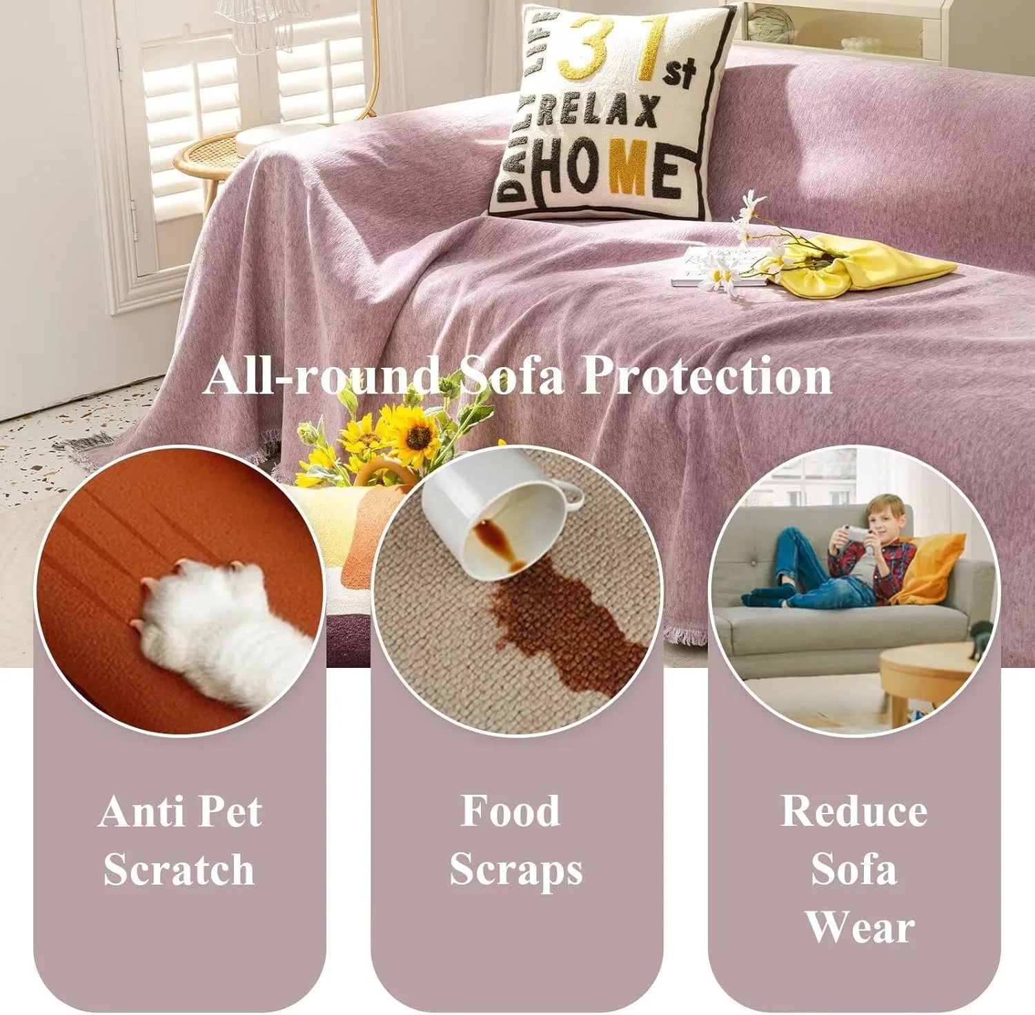 Soild Couch Cover In Tassel Purple