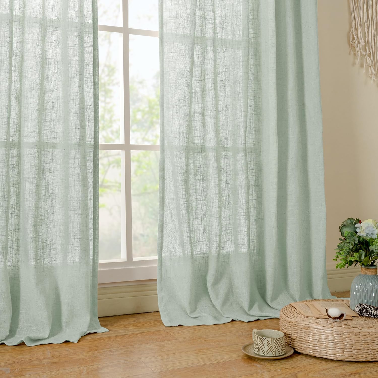 Light filtering Neutral Linen Curtain - Light Sage