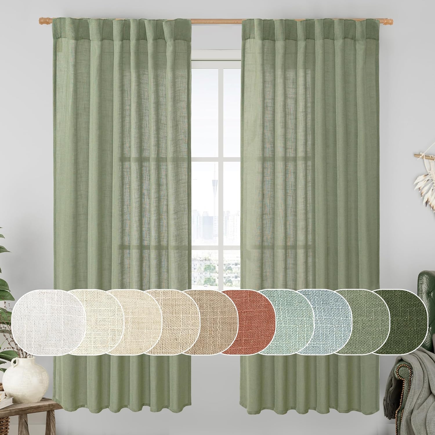 Light filtering Neutral Linen Curtain - Sage Green