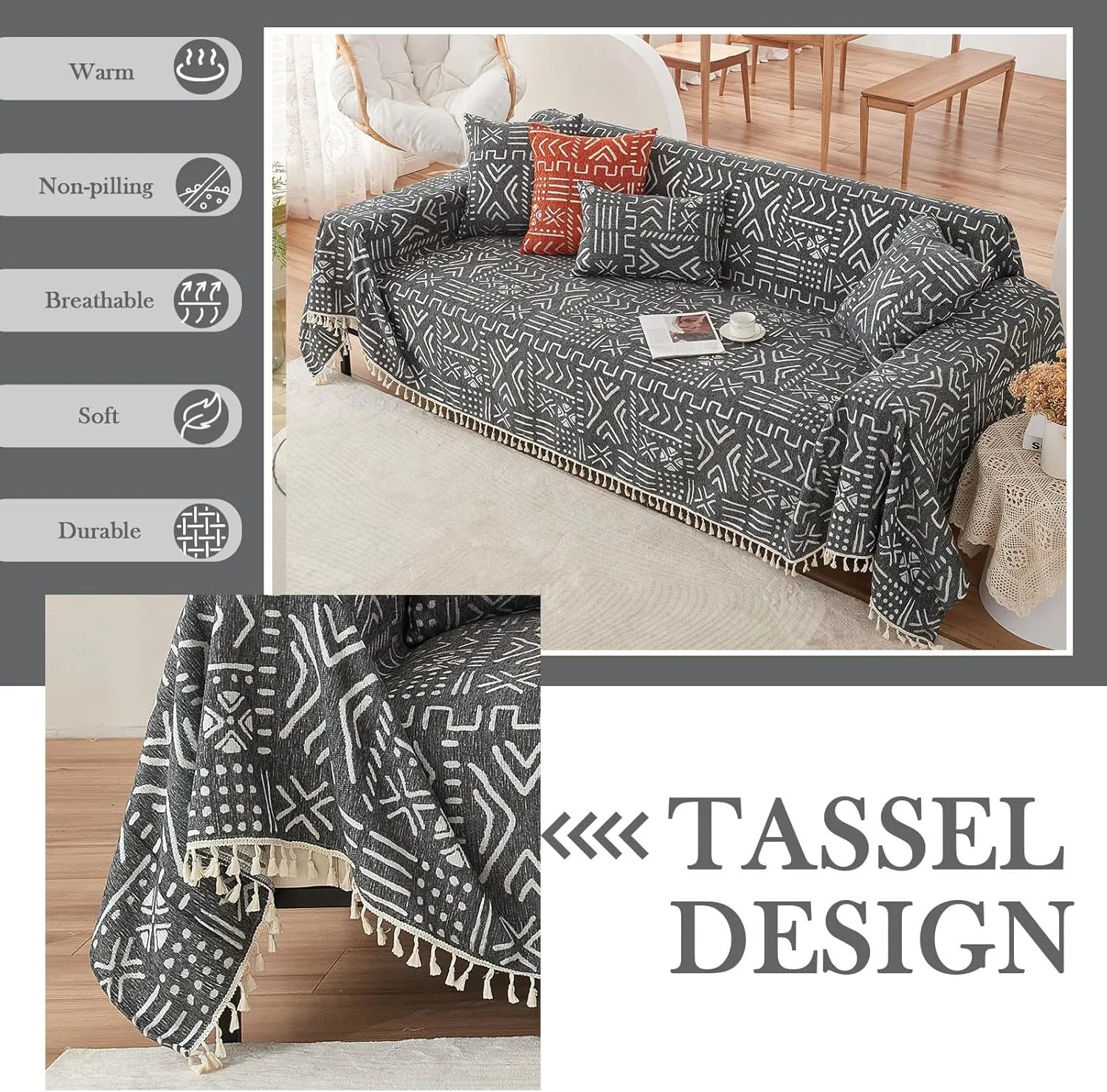 BOHO Couch Cover In Brick Black