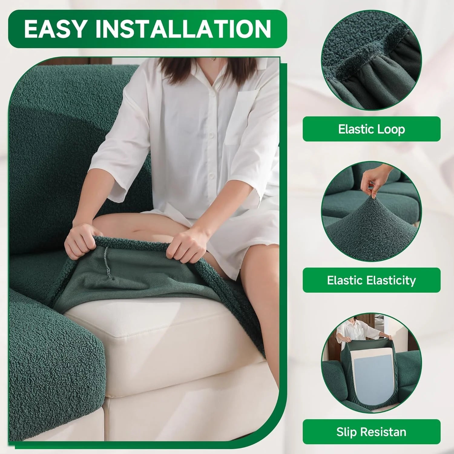 Performance Solid Bouclé Stretch Sofa Cushion Cover - Green