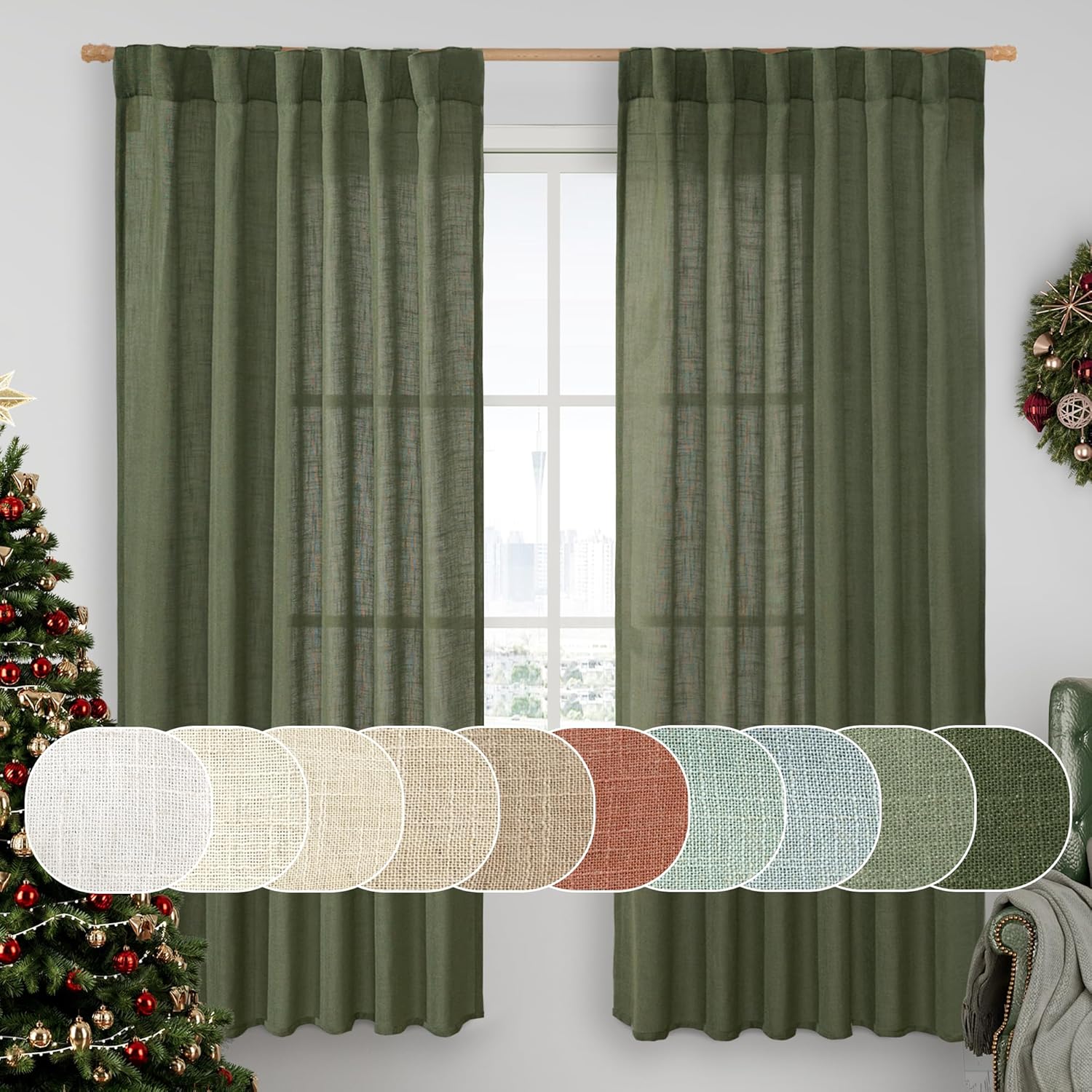 Light filtering Neutral Linen Curtain - Olive Green