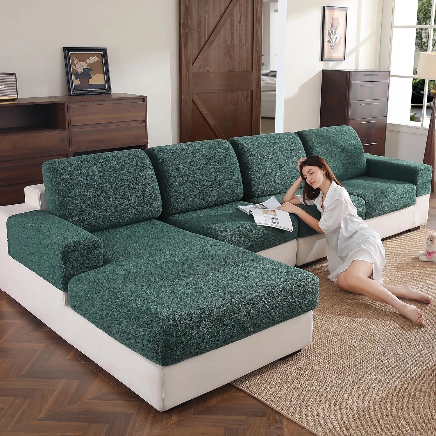 Performance Solid Bouclé Stretch Sofa Cushion Cover - Green