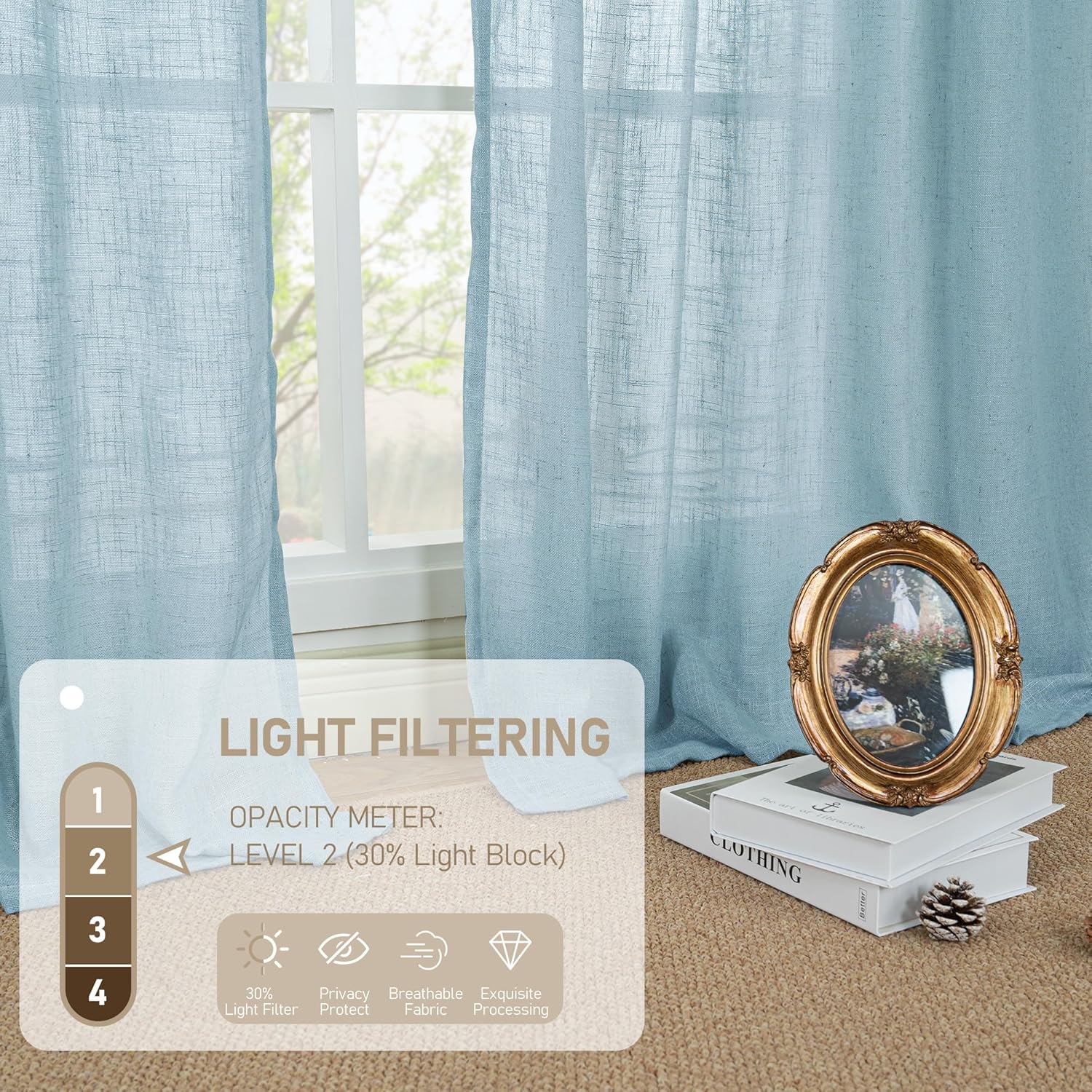 Light filtering Neutral Linen Curtain - Stone Blue