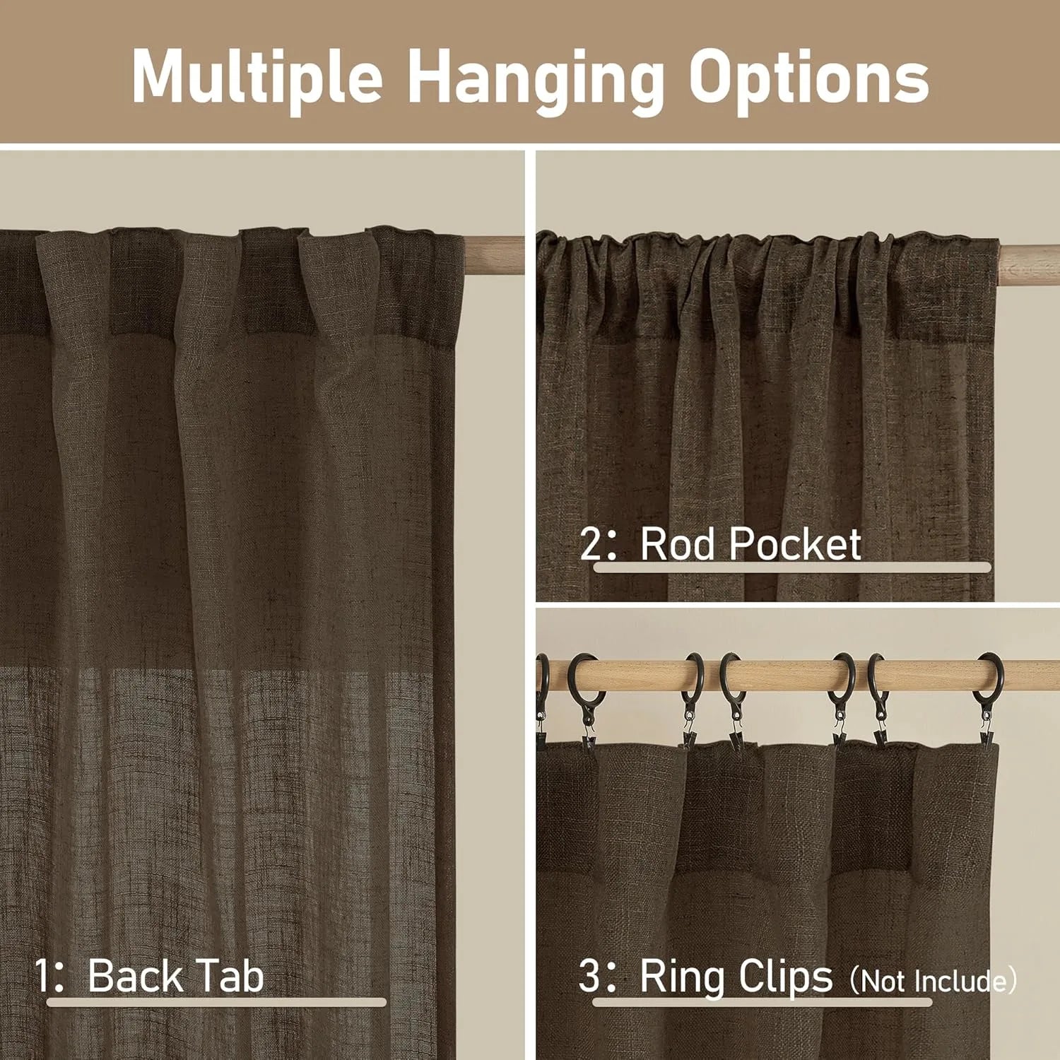 Light filtering Neutral Linen Curtain - Dark Brown