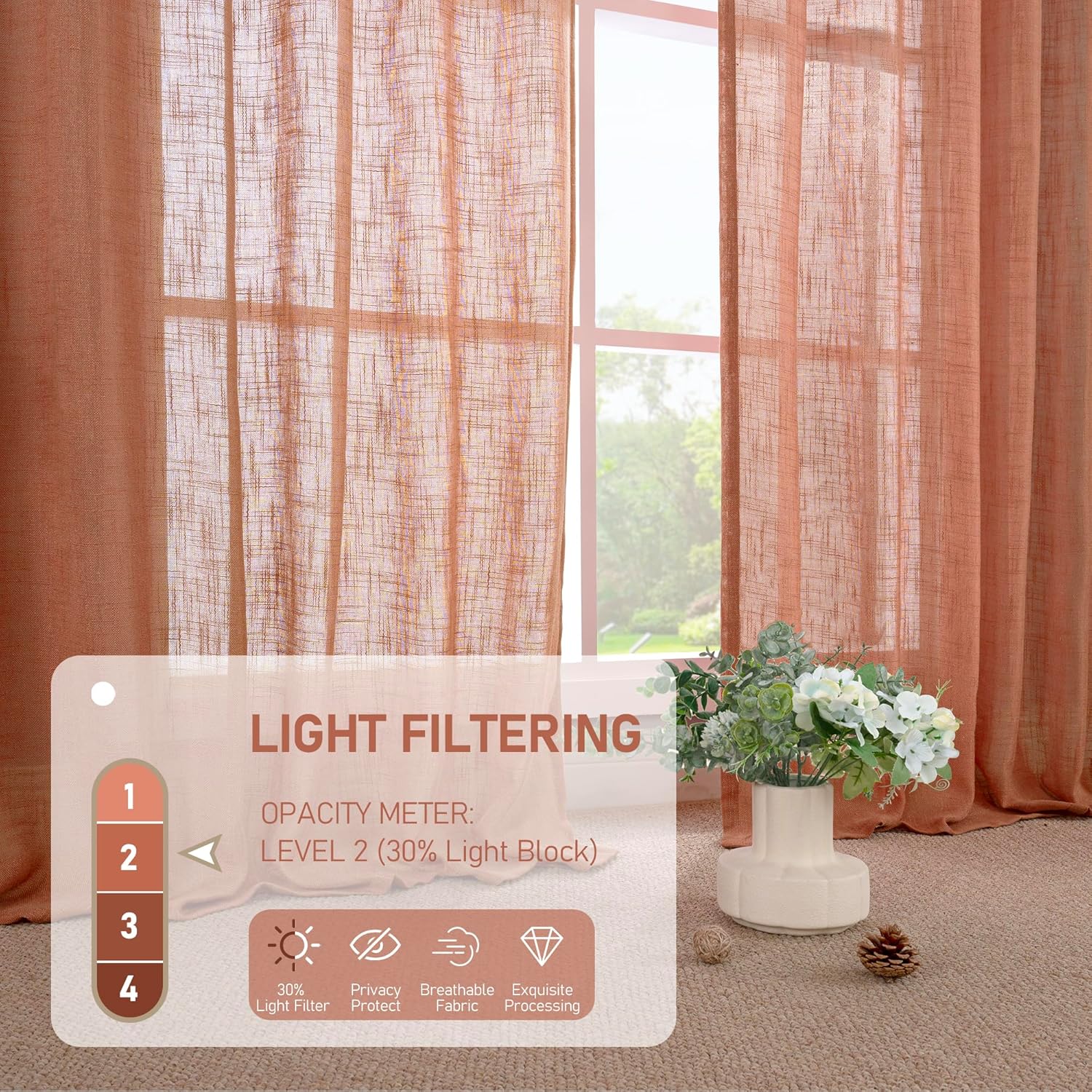 Light filtering Neutral Linen Curtain - Terracotta