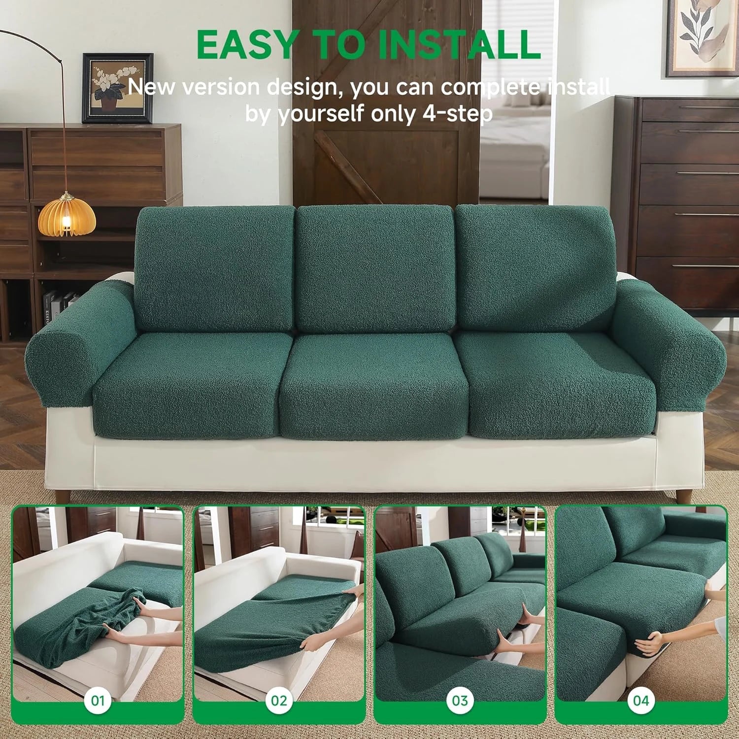 Performance Solid Bouclé Stretch Sofa Cushion Cover - Green