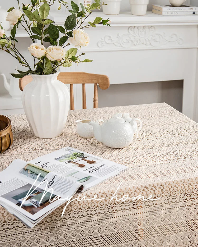 Embroidered Table Cloth for Dining Table | YM·Beige Copper Coin Hollow·Ins