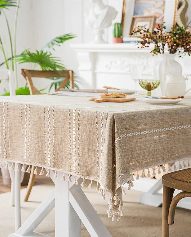 Embroidered Table Cloth for Dining Table | YM·Multiple Lines Hollow·Tassel