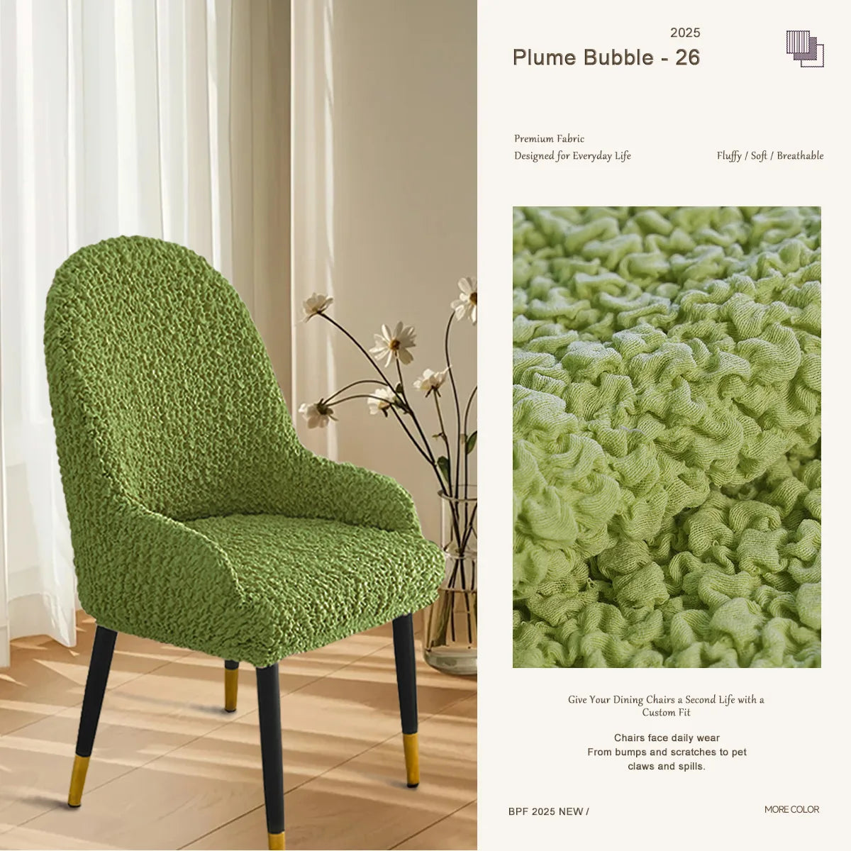 Green custom curved chair cover with armrests – eco-inspired, breathable, and handmade by Plume Bubble.