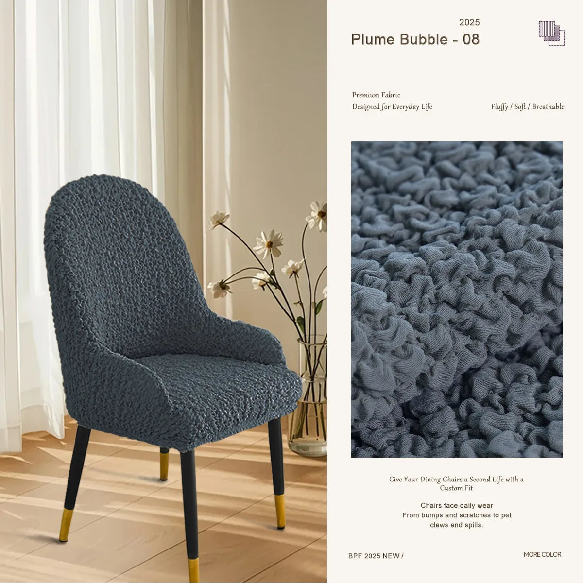 Navy blue curved chair cover with arms – elegant, stretch-fit slipcover offering luxurious comfort and protection.