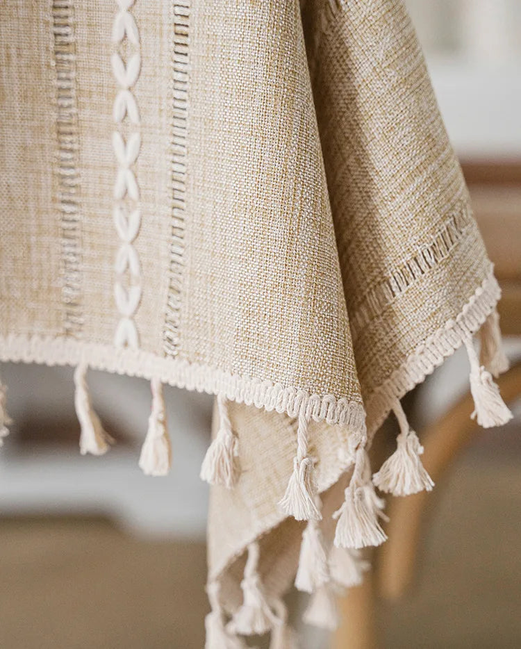 Embroidered Table Cloth for Dining Table | YM·Multiple Lines Hollow·Tassel