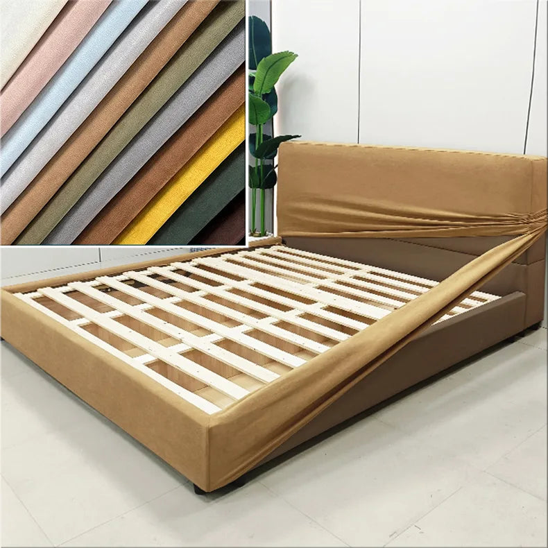 Home makeover with a replacement bed frame cover in soft neutral fabric.