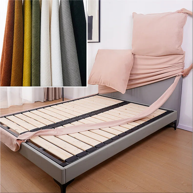Handcrafted bed frame cover used to upgrade the look of an existing bed frame.