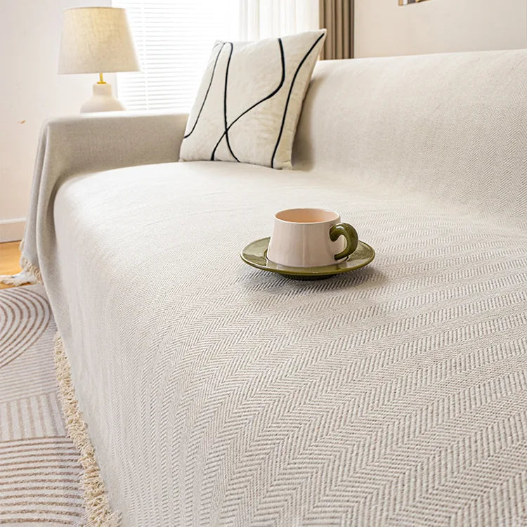 Chenille Solid Woven Stretch Sofa Blanket - Cream