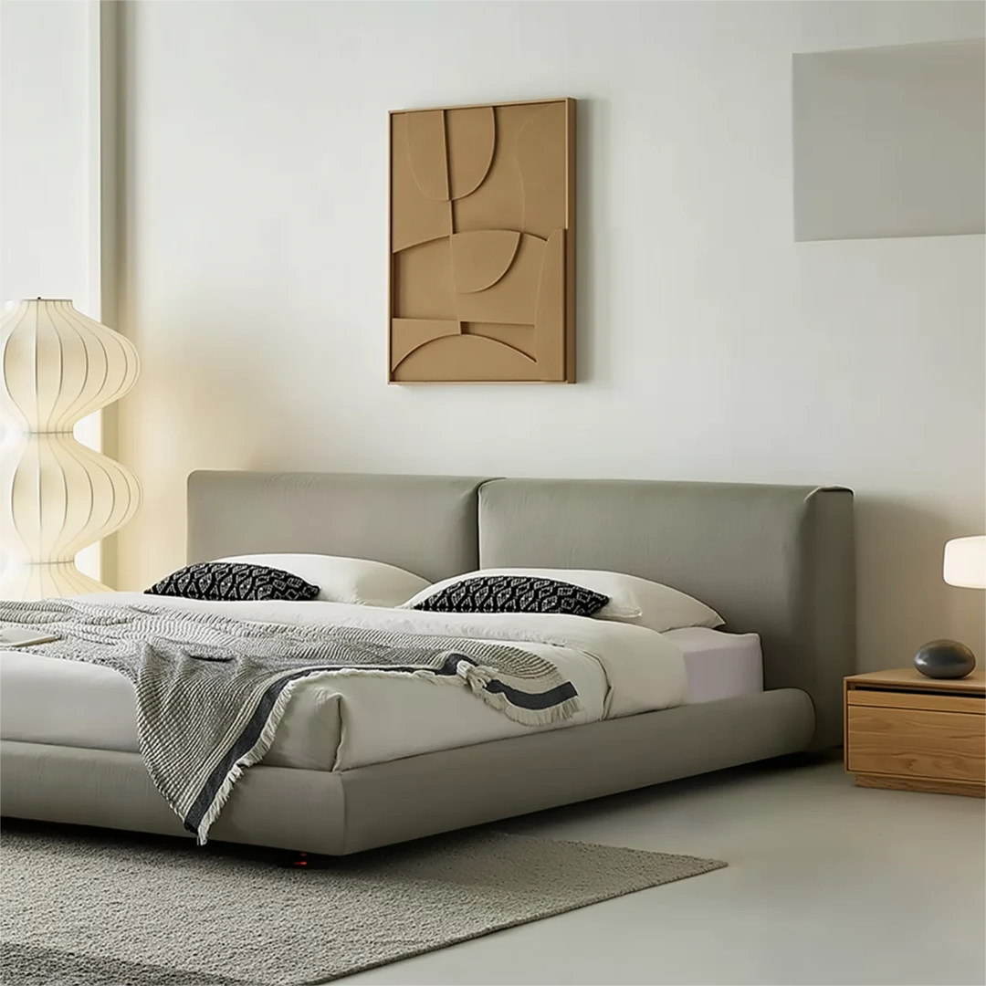 Handcrafted custom bed frame cover with attention to detail and fine seams.