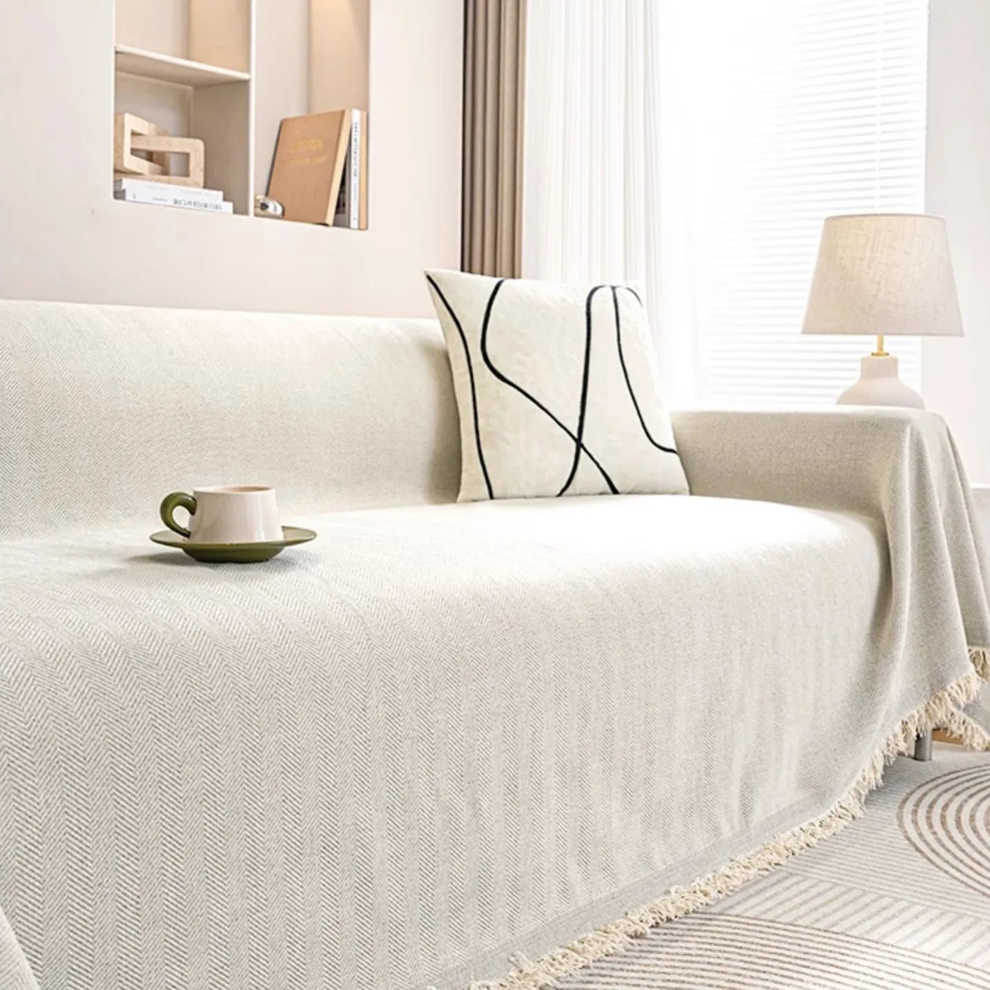 Chenille Solid Woven Stretch Sofa Blanket - Cream