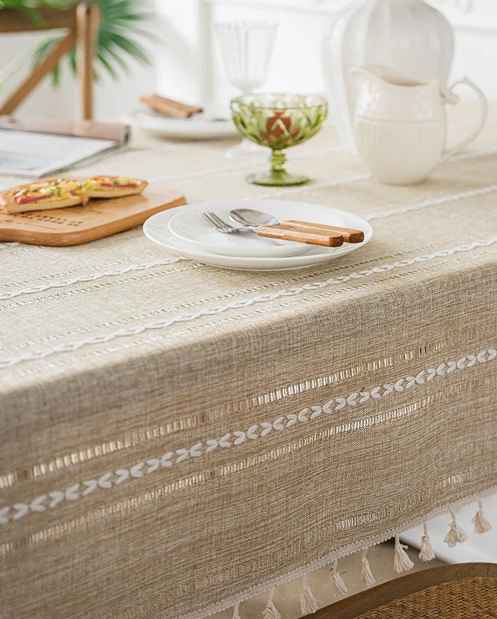 Embroidered Table Cloth for Dining Table | YM·Multiple Lines Hollow·Tassel