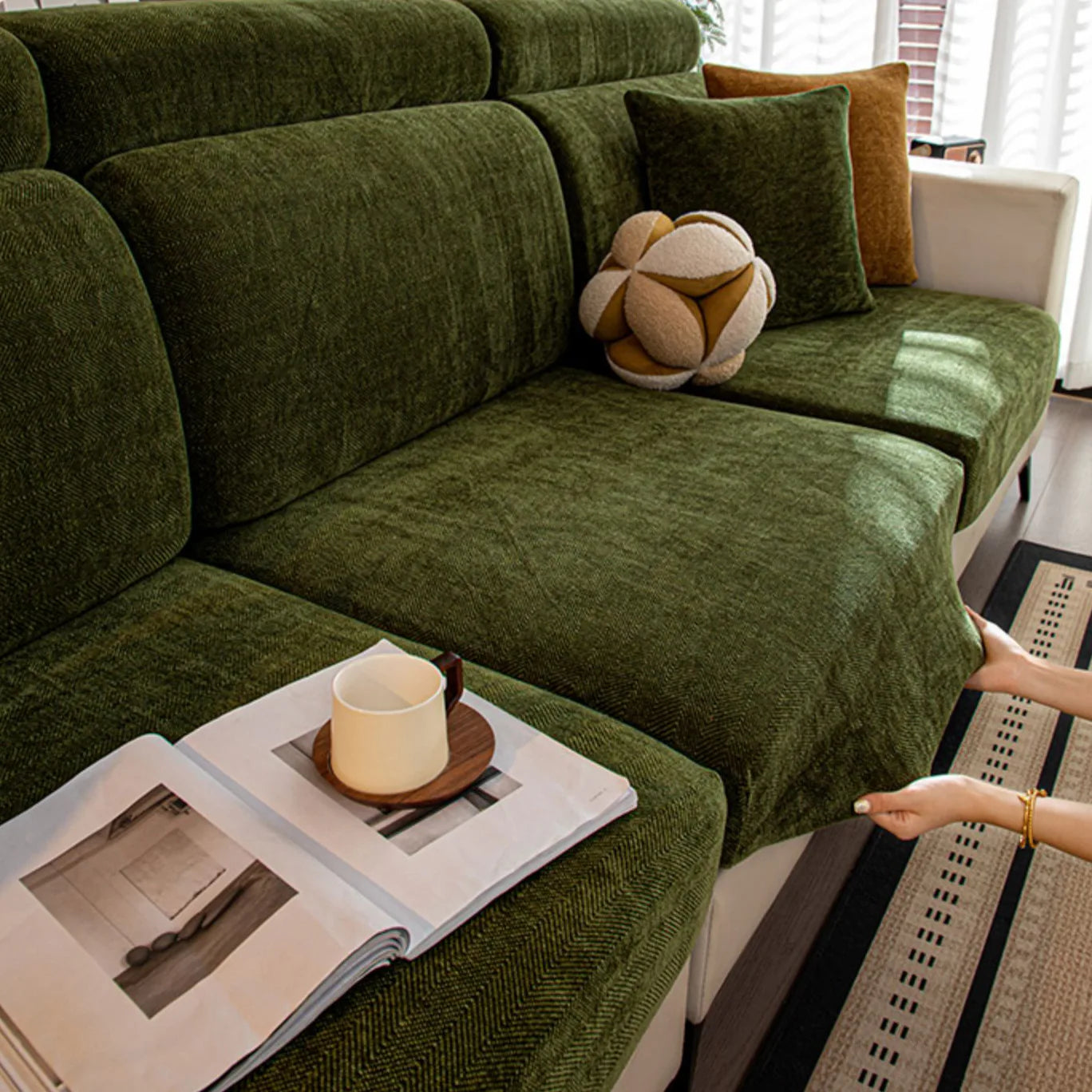 Chenille Solid Woven Stretch Sofa Cushion Cover - Green