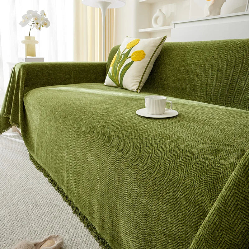 Chenille Solid Woven Stretch Sofa Blanket - Green