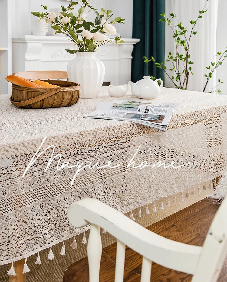 Embroidered Table Cloth for Dining Table | YM·Beige Copper Coin Hollow·Ins