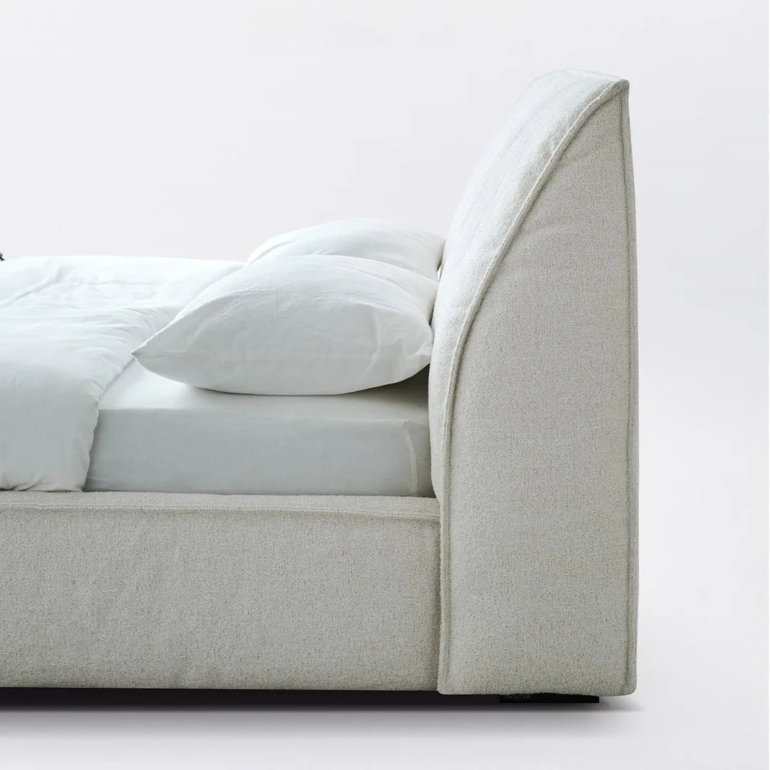 Soft linen texture of a handcrafted bed frame cover in neutral beige tone.