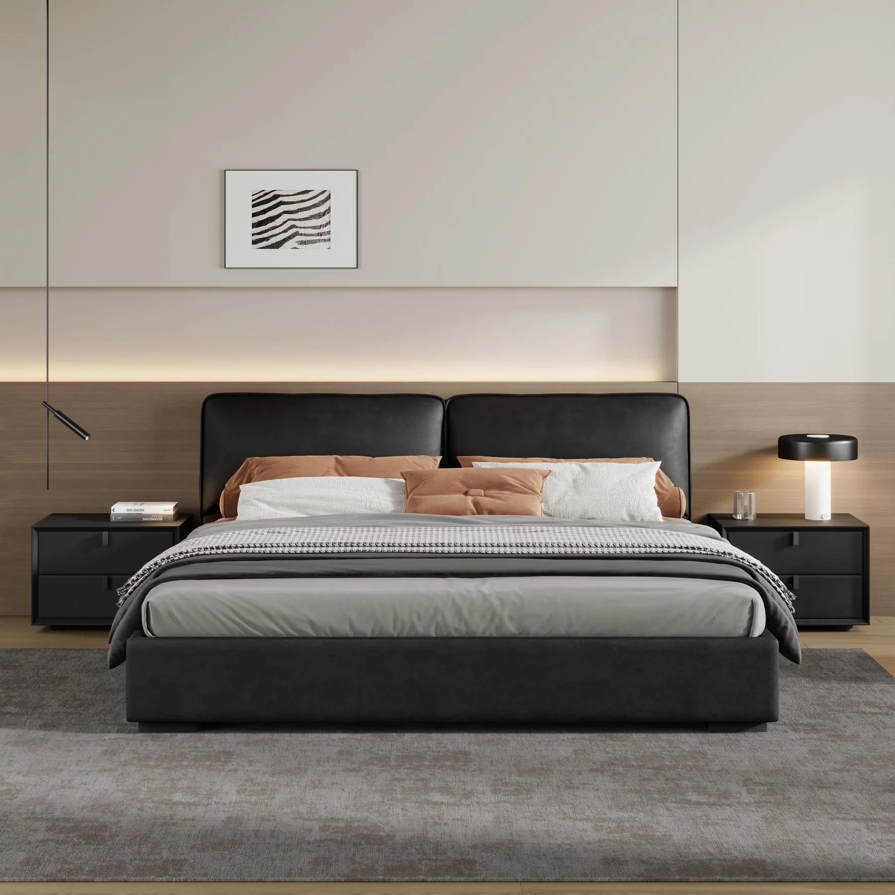 Minimalist bedroom interior featuring a sleek custom bed frame cover.