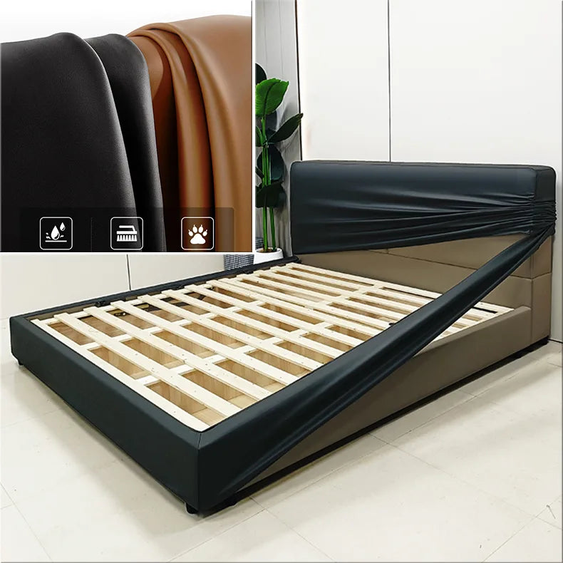 Neutral-toned bedroom styled with a custom bed frame cover for a soft, cozy look.