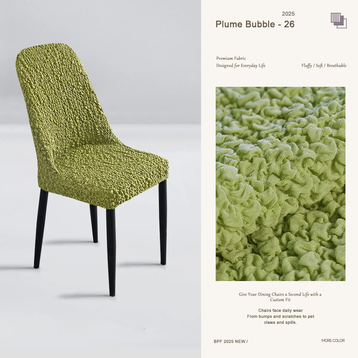 Custom green curved dining chair cover – breathable and eco-inspired slipcover for cozy dining space protection.