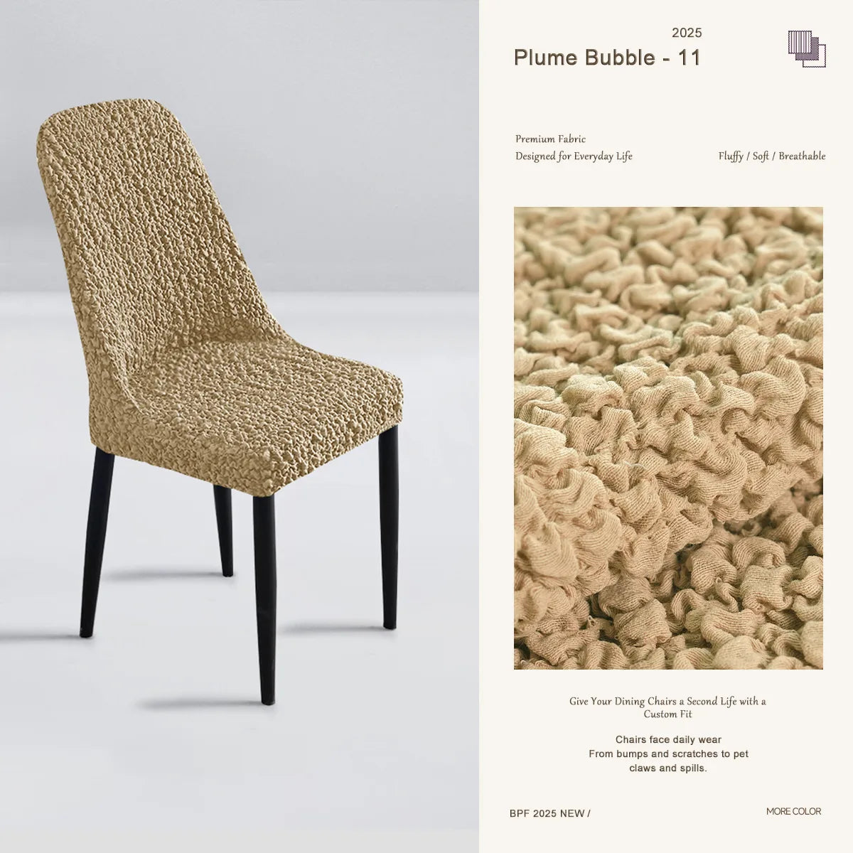 Khaki custom curved dining chair cover – timeless, durable, and cat-proof slipcover designed for curved-back dining chairs.