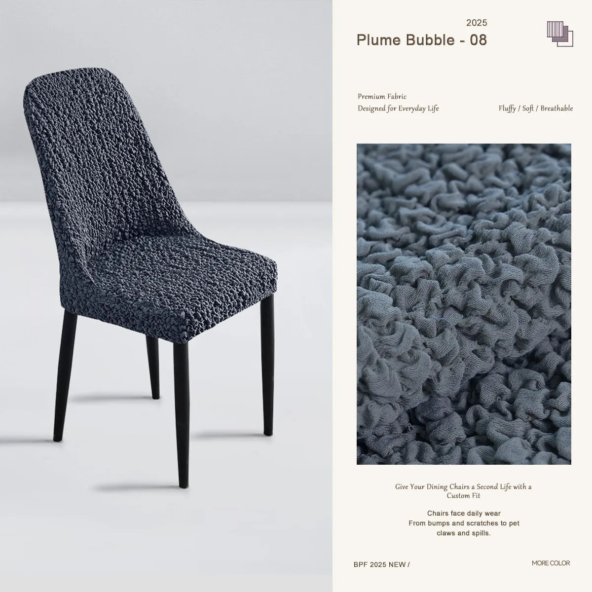 Navy blue curved dining chair cover – elegant, stretchable, and easy-care slipcover handcrafted by Plume Bubble.