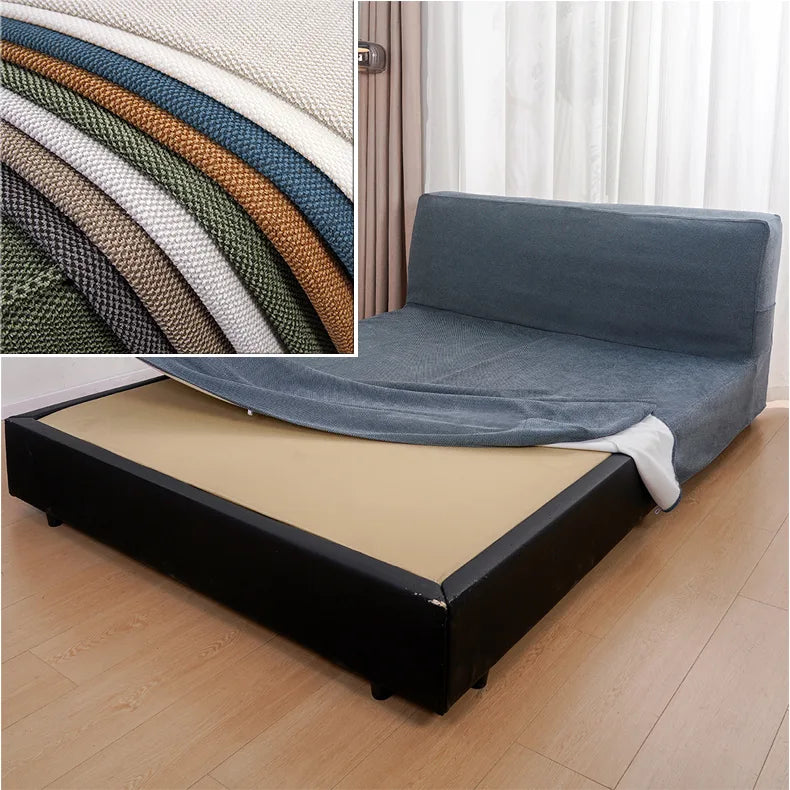 Outdated bed transformed with a replacement bed frame slipcover in modern fabric.