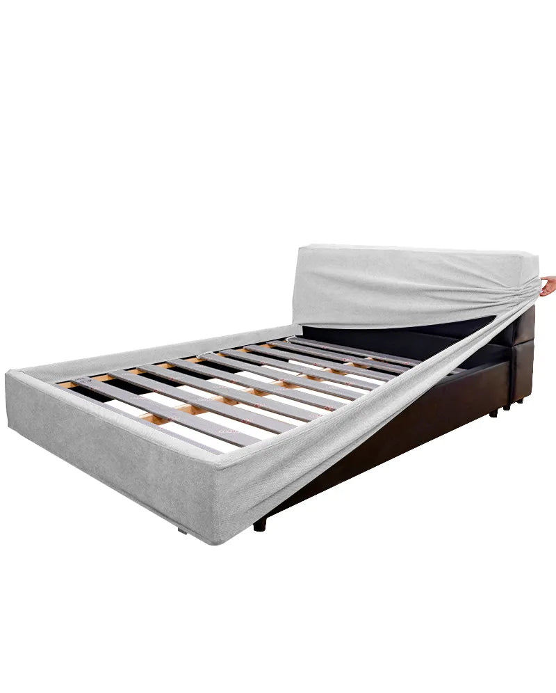 Upholstered Platform Bed + Headboard Cover | Elara Flax
