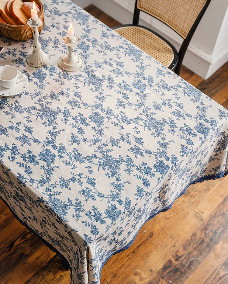 Embroidered Table Cloth for Dining Table | YM · Blue Rose · Navy French Lace