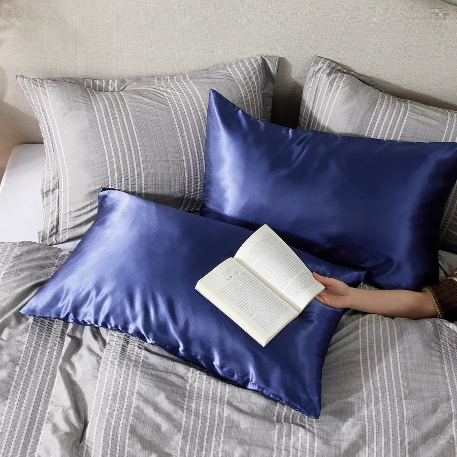 Solid Satin Silk Pillowcase 2 Pack - Navy