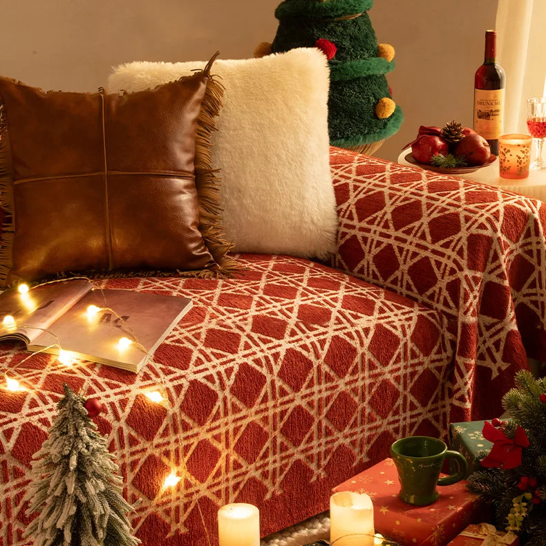 G 9017 Red Checkered Velvet Sofa Cover | Luxury Plaid Couch Cover