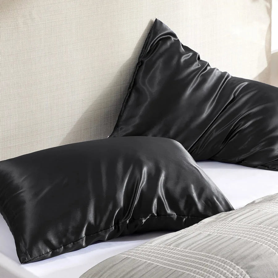 Solid Satin Silk Pillowcase 2 Pack - Black