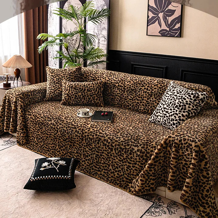 G 903 Leopard Print Plush Fleece Sofa Cover | Luxury Warm Custom Cover