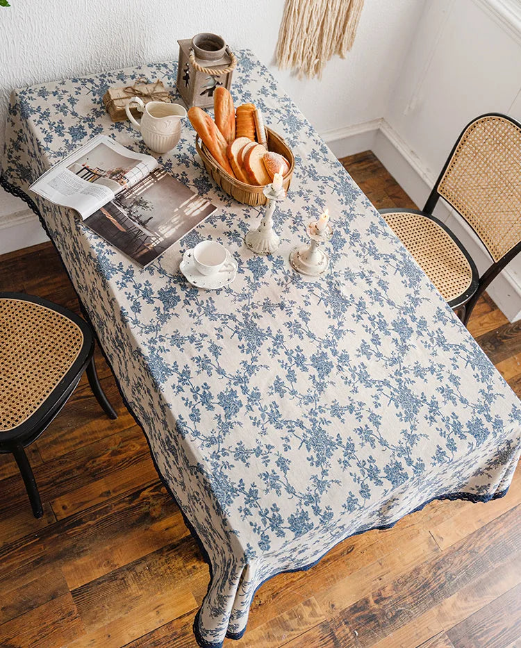 Embroidered Table Cloth for Dining Table | YM · Blue Rose · Navy French Lace