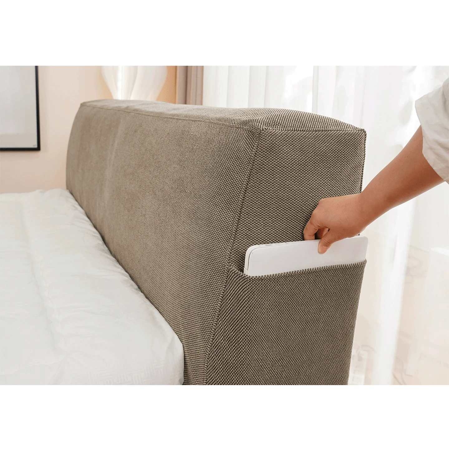 Cama de plataforma tapizada + funda para cabecero | Elara Flax 