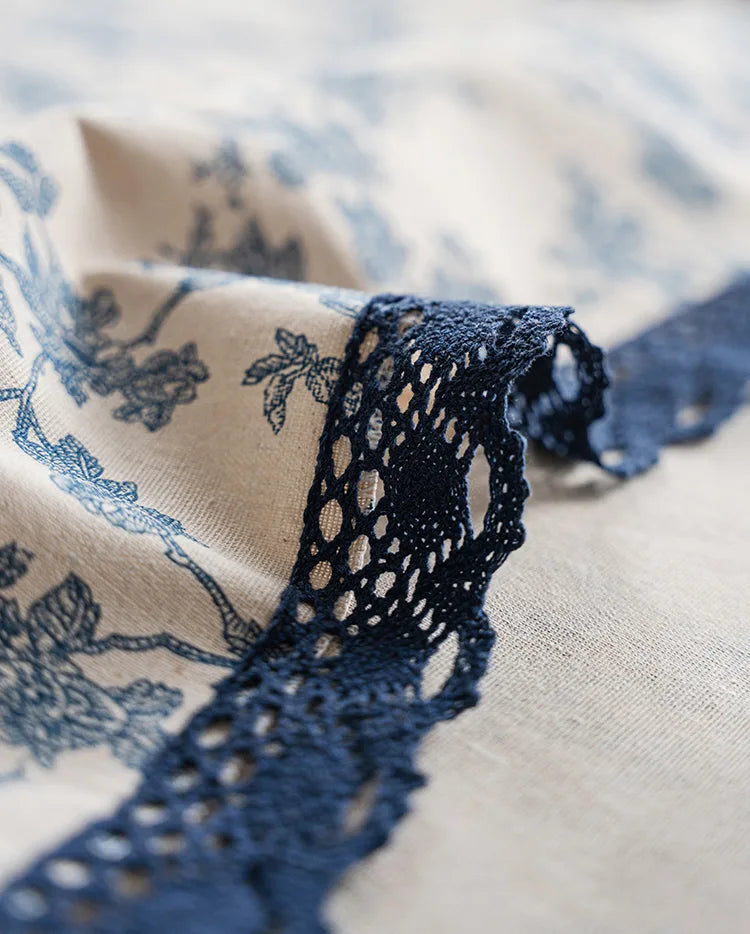 Embroidered Table Cloth for Dining Table | YM · Blue Rose · Navy French Lace