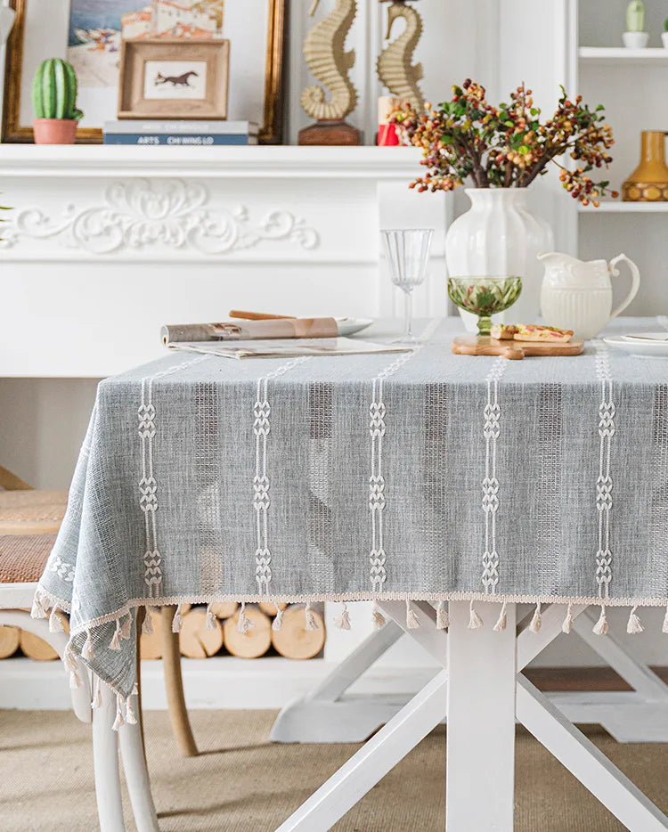 Embroidered Table Cloth for Dining Table | YM·Multiple Lines Hollow·Tassel