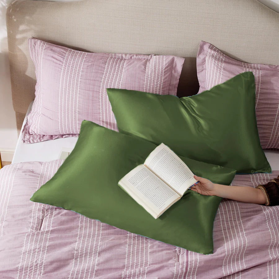 Solid Satin Silk Pillowcase 2 Pack - Olive Green