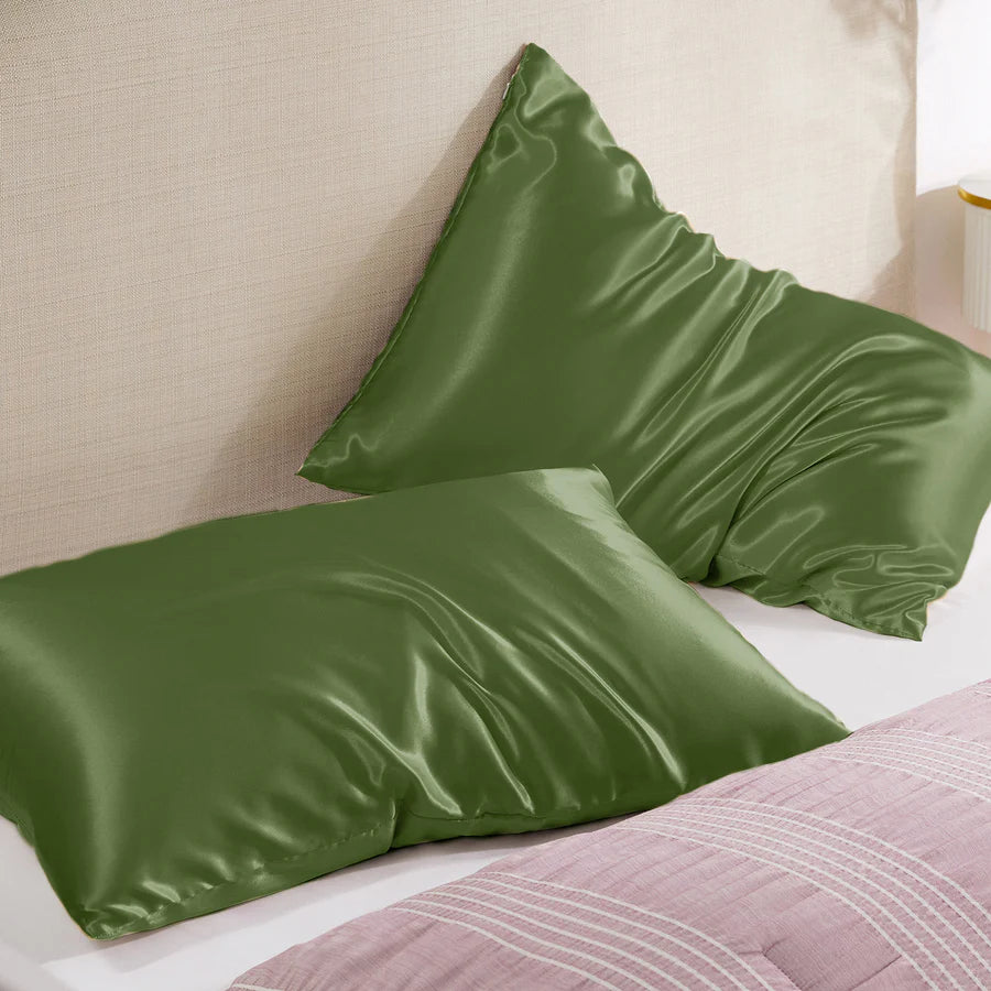 Solid Satin Silk Pillowcase 2 Pack - Olive Green